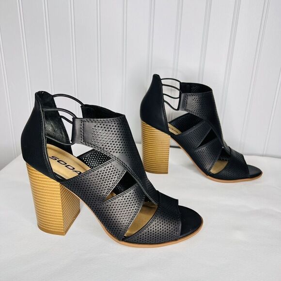 SODA ARYA-S Sz 8.5 Lace Up Heels Black Faux Wood Heels EUC - Picture 2 of 13